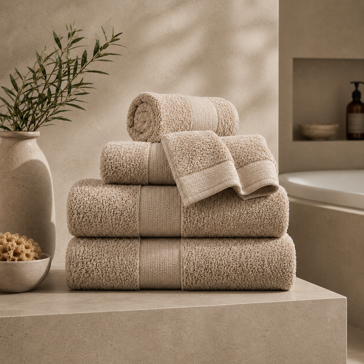 Royal Touch Lux handdoeken in beige in een rustige, warme badkamer