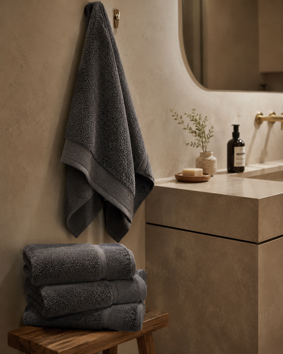Royal Touch Lux badtextiel in houtskoolgrijs in een rustige badkamer